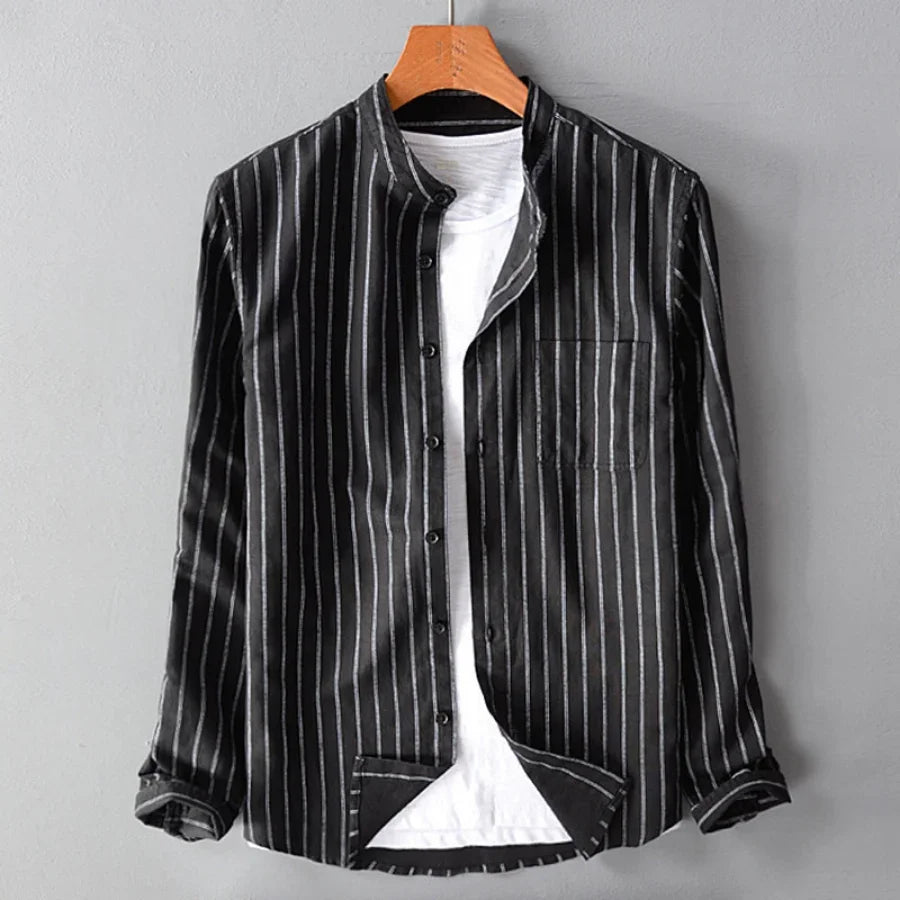 Men's Cotton Pinstripe Mandarin Collar Button-Up Shirt