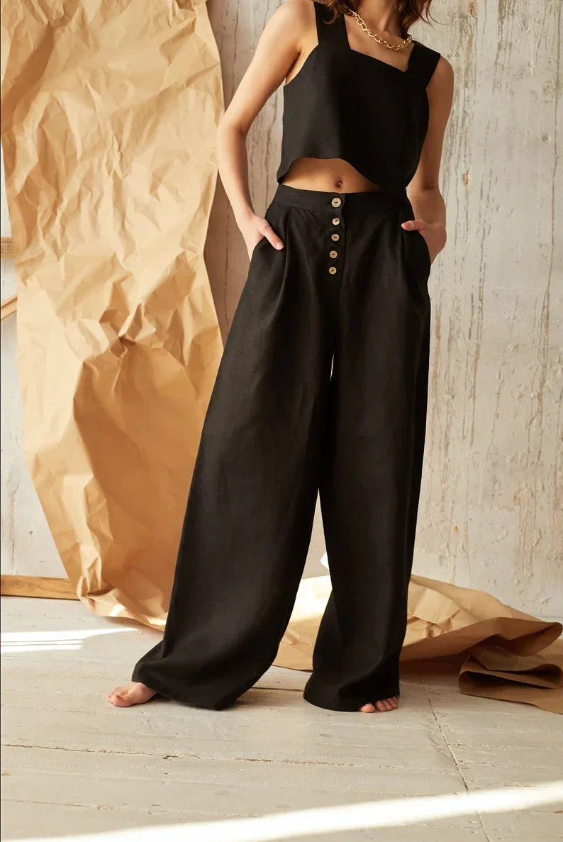 Women's Linen Wide Leg Pants Button Front High Waist Pockets