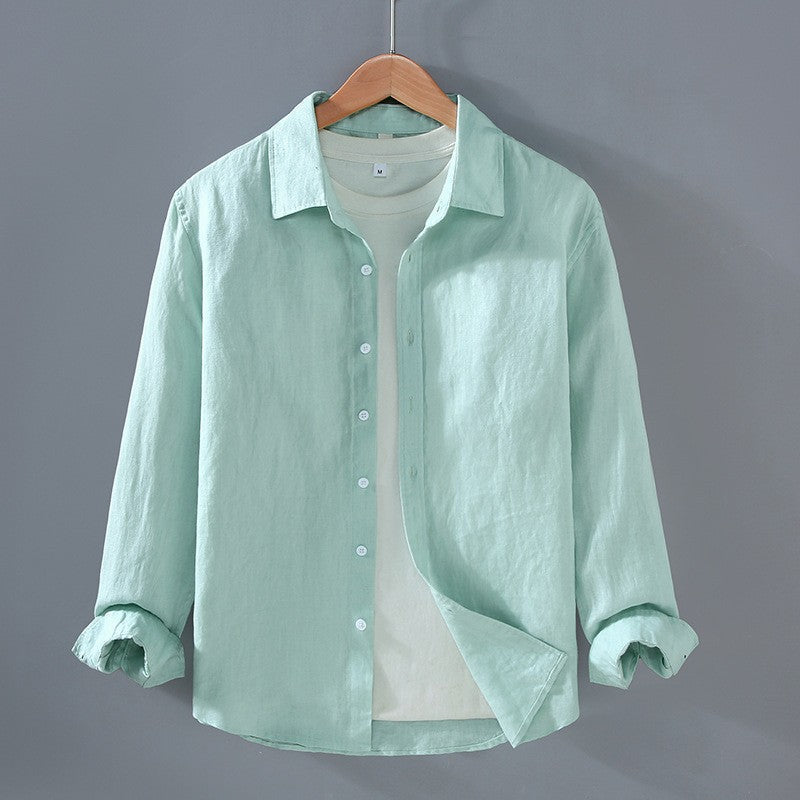 Men's Long Sleeve Linen Spread Collar Button-Up Shirt