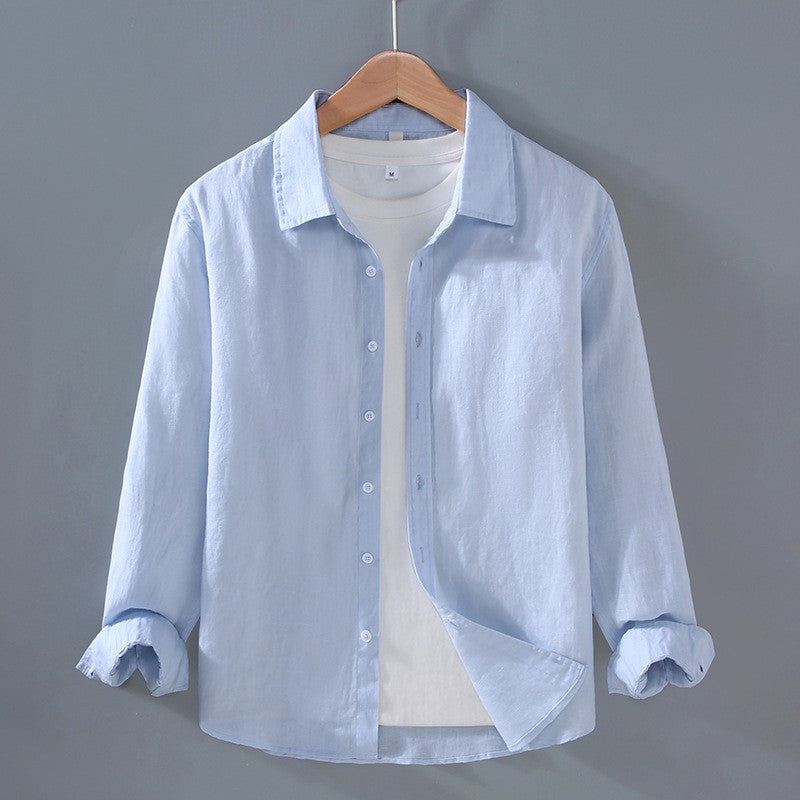 Men's Long Sleeve Linen Spread Collar Button-Up Shirt