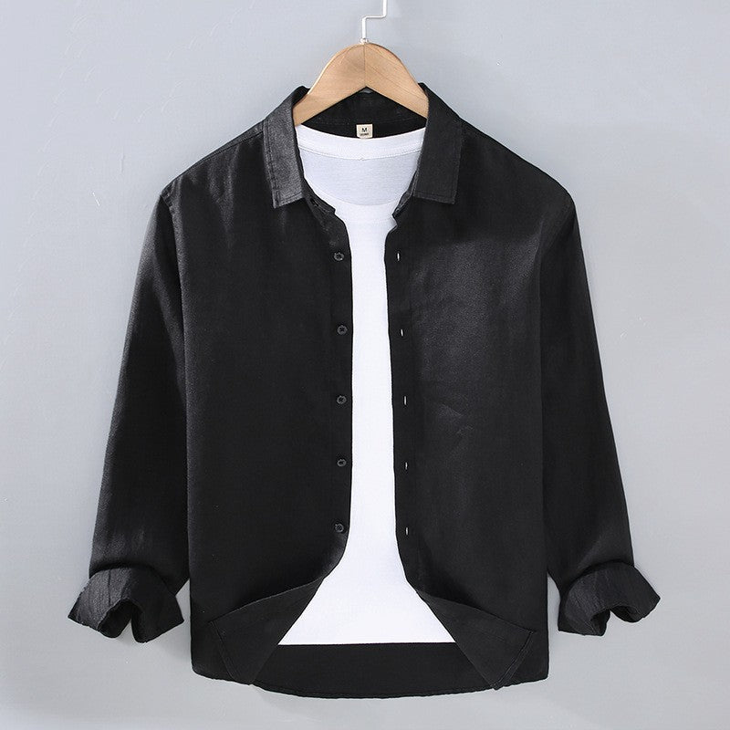 Men's Long Sleeve Linen Spread Collar Button-Up Shirt
