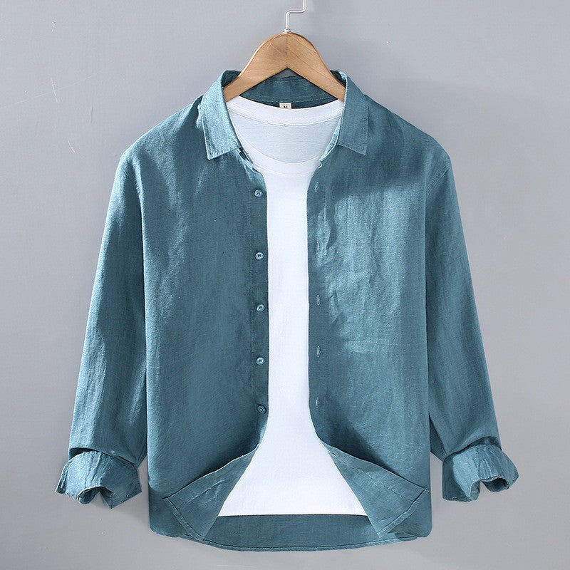 Men's Long Sleeve Linen Spread Collar Button-Up Shirt