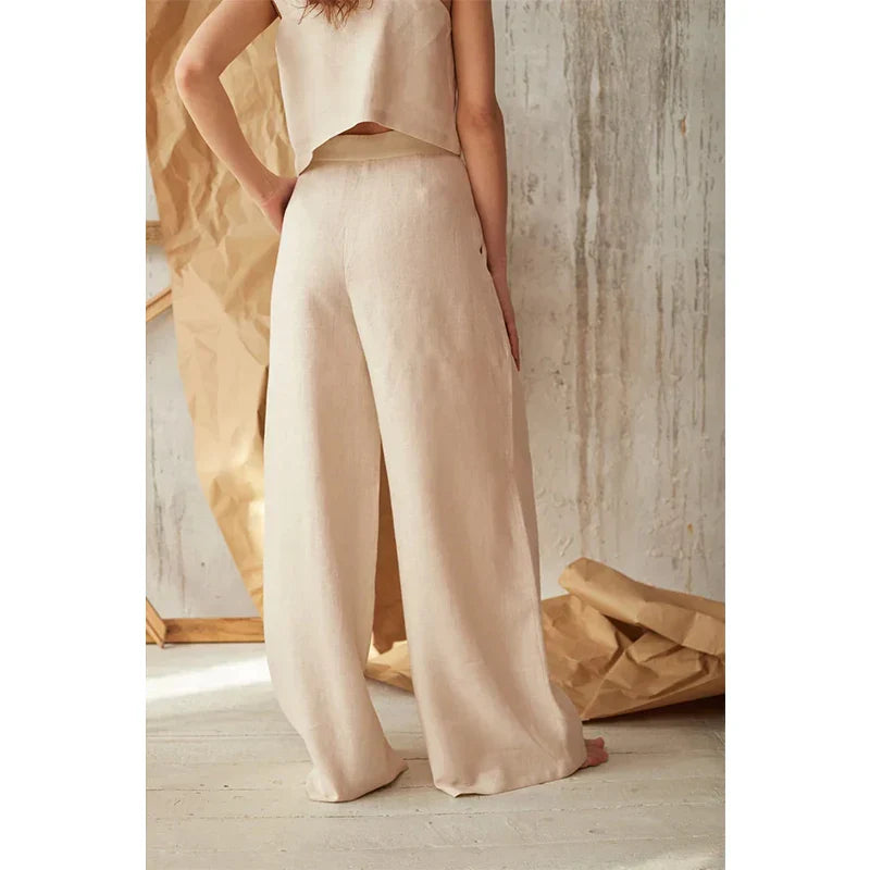 Women's Linen Wide Leg Pants Button Front High Waist Pockets