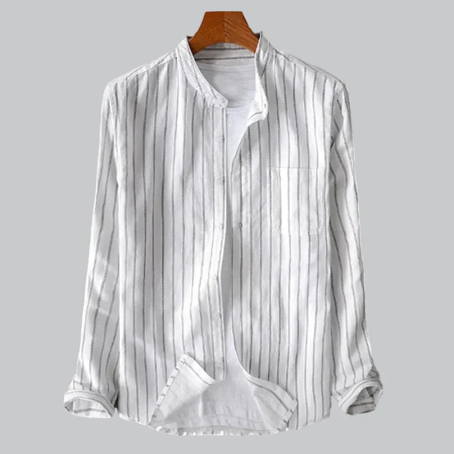 Men's Cotton Pinstripe Mandarin Collar Button-Up Shirt