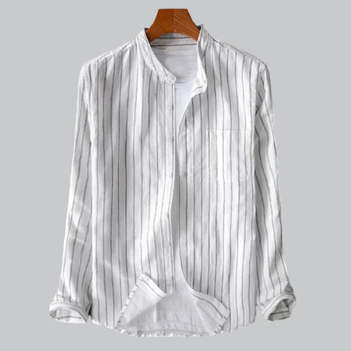 Men's Cotton Pinstripe Mandarin Collar Button-Up Shirt