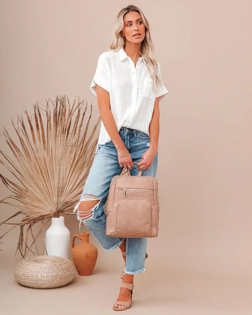 Women's Linen Blend Button Front Short Sleeve Shirt