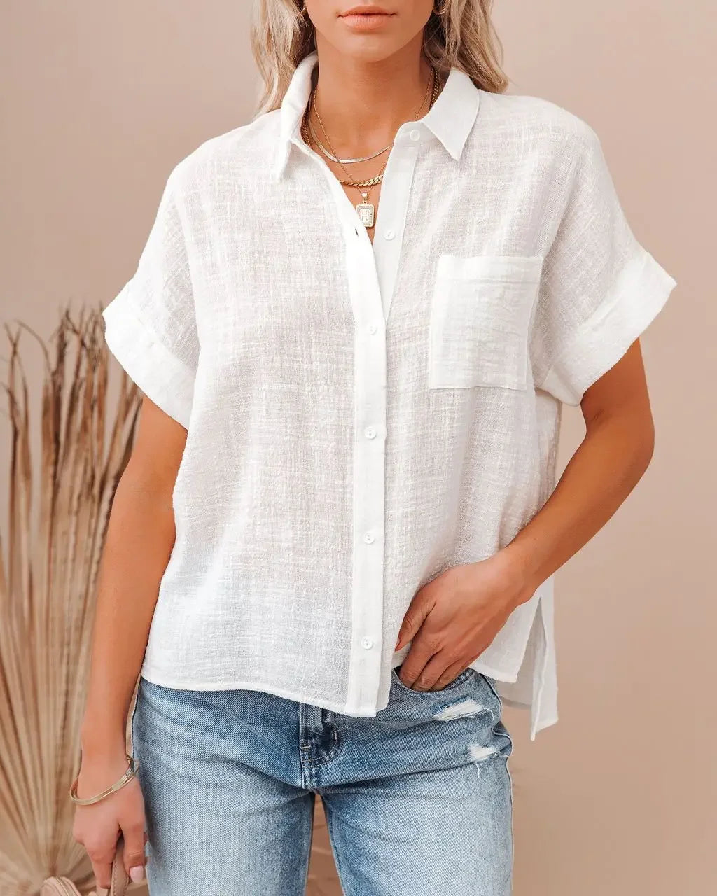 Women's Linen Blend Button Front Short Sleeve Shirt