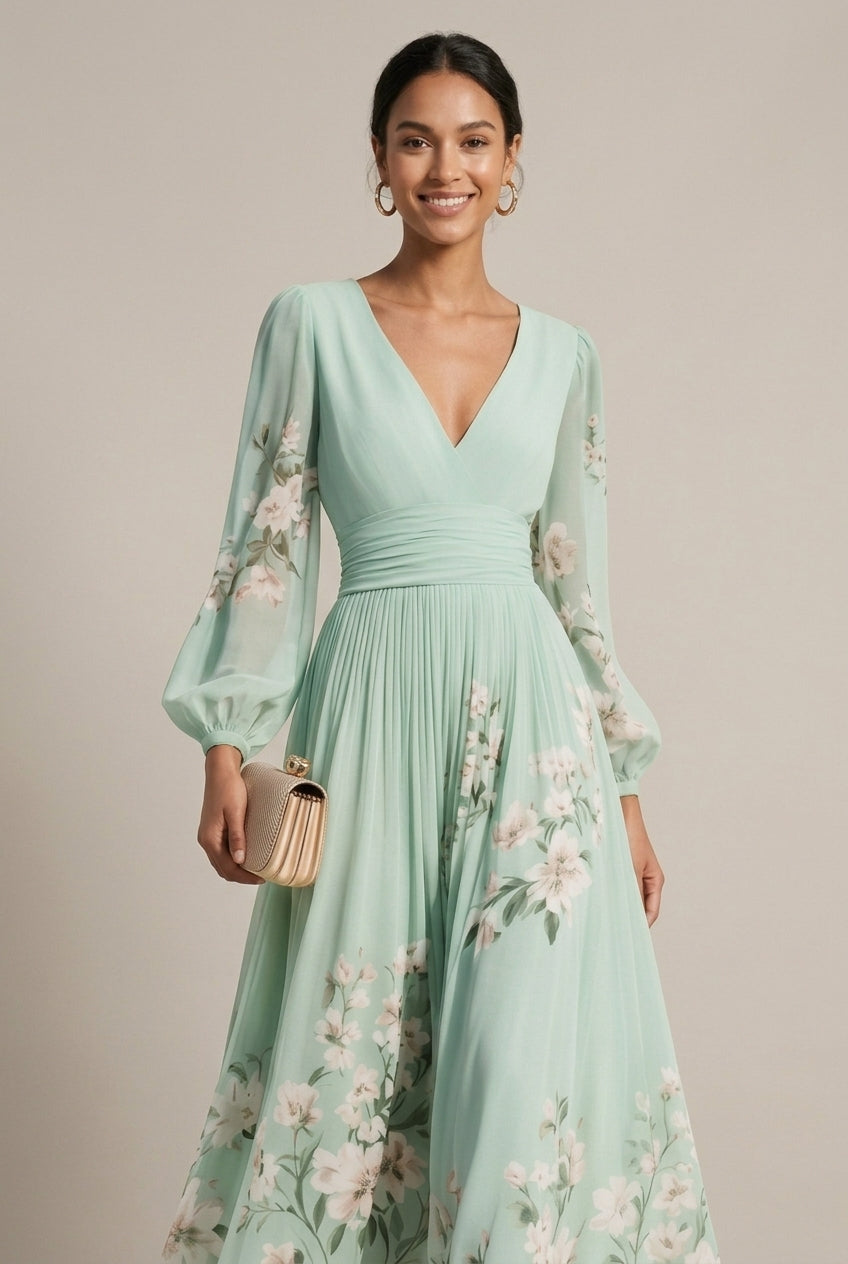 Women's Floral Border Print V-Neck Bishop Sleeve Maxi Dress