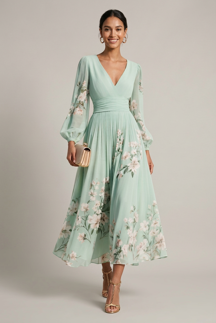 Women's Floral Border Print V-Neck Bishop Sleeve Maxi Dress