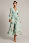 Women's Floral Border Print V-Neck Bishop Sleeve Maxi Dress