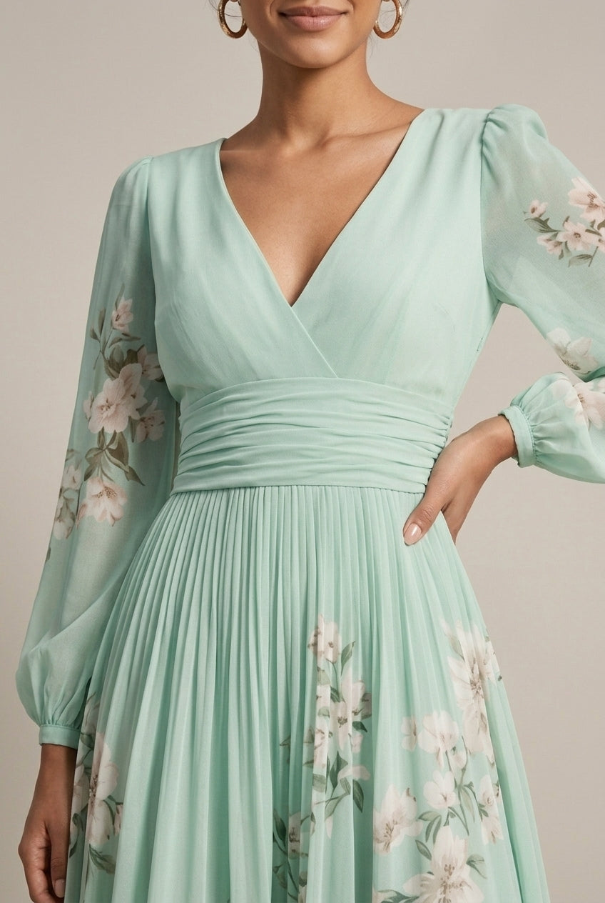 Women's Floral Border Print V-Neck Bishop Sleeve Maxi Dress