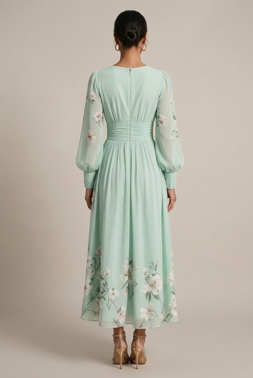 Women's Floral Border Print V-Neck Bishop Sleeve Maxi Dress