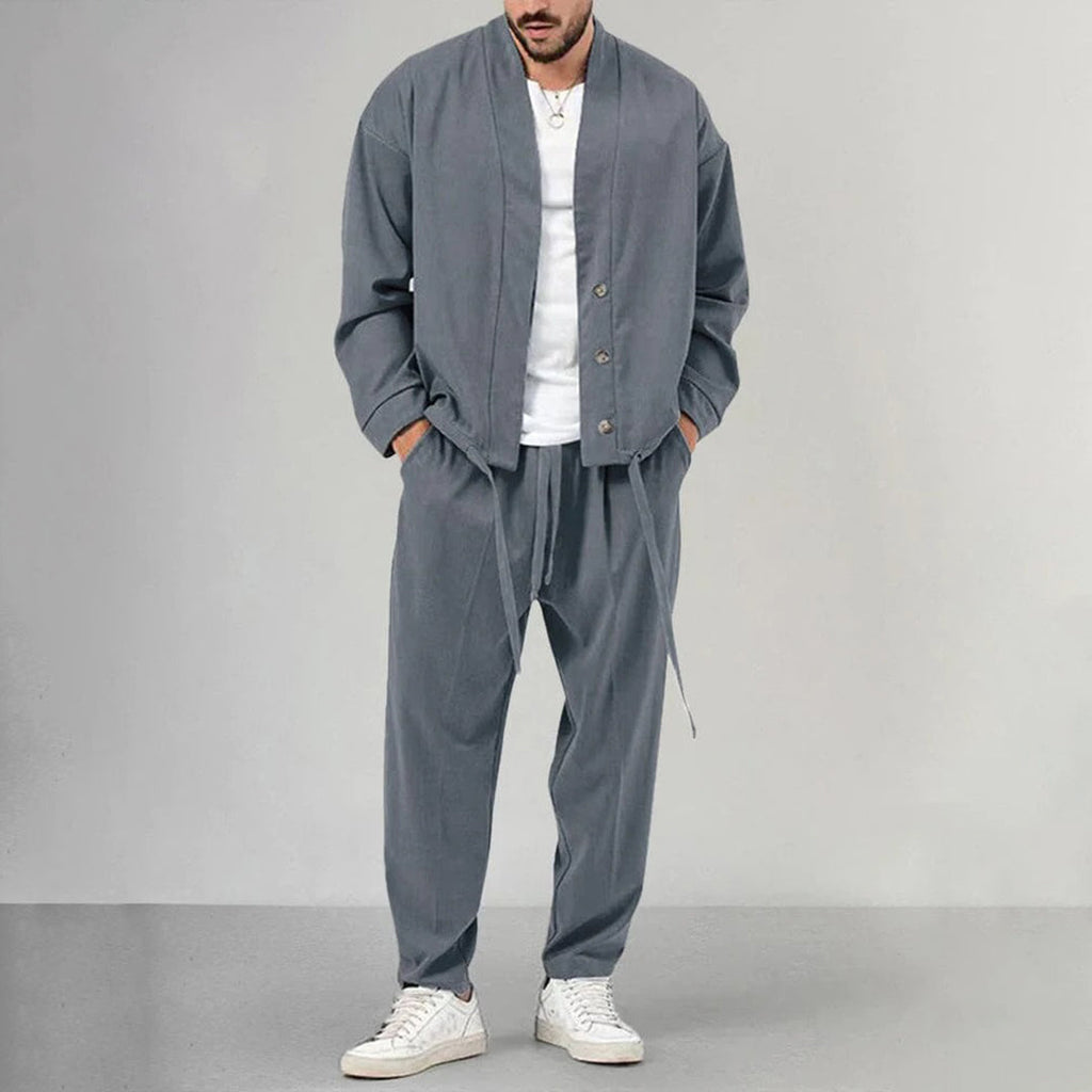 Men's Two Piece Set Button Front Overshirt Drawstring Joggers