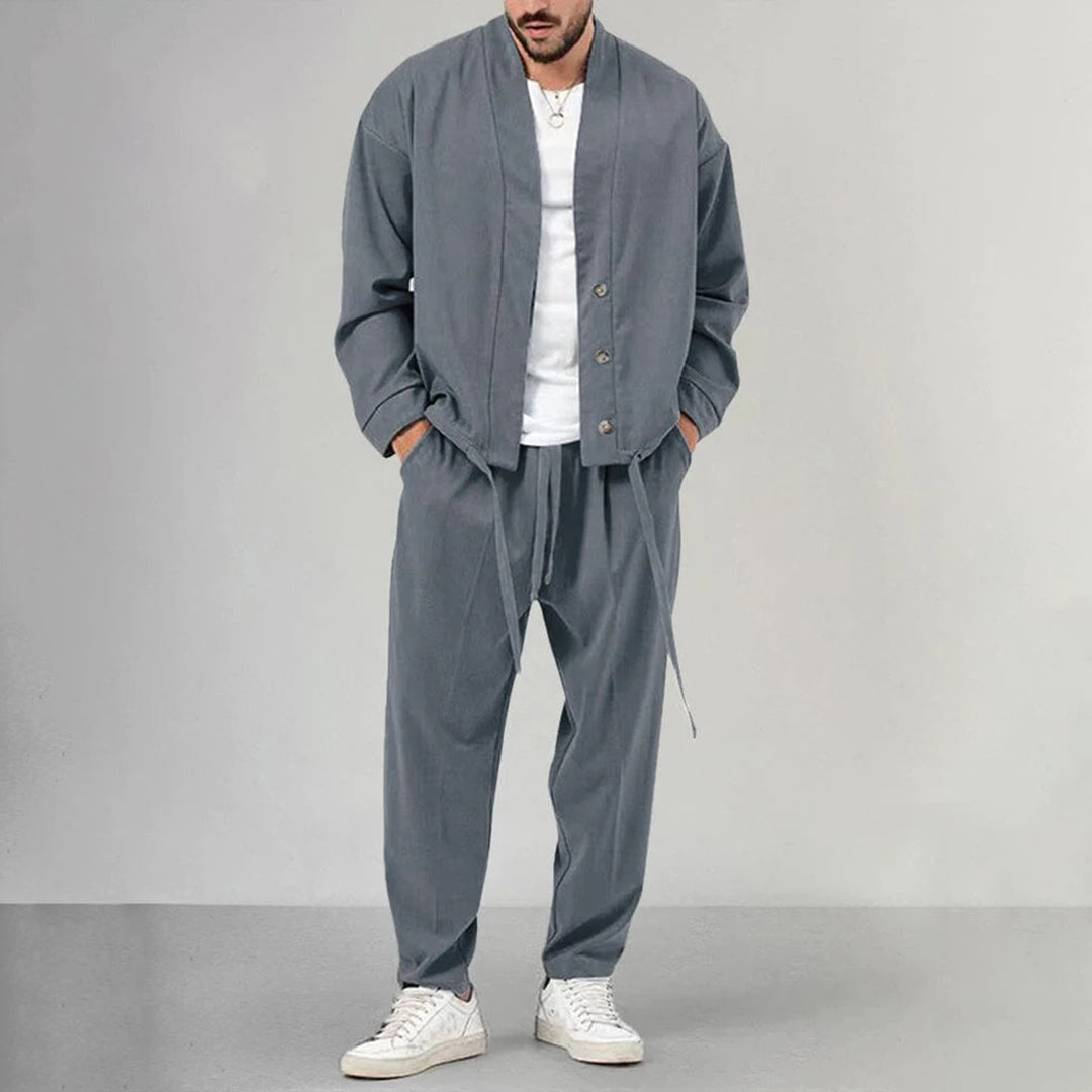 Men's Two Piece Set Button Front Overshirt Drawstring Joggers