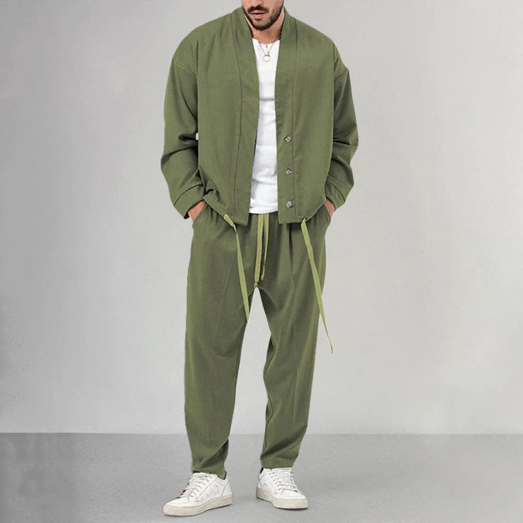Men's Two Piece Set Button Front Overshirt Drawstring Joggers