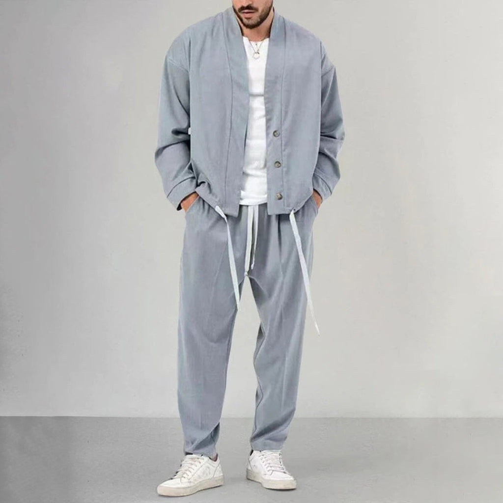 Men's Two Piece Set Button Front Overshirt Drawstring Joggers