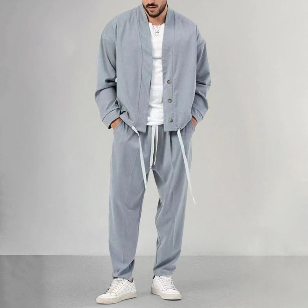 Men's Two Piece Set Button Front Overshirt Drawstring Joggers