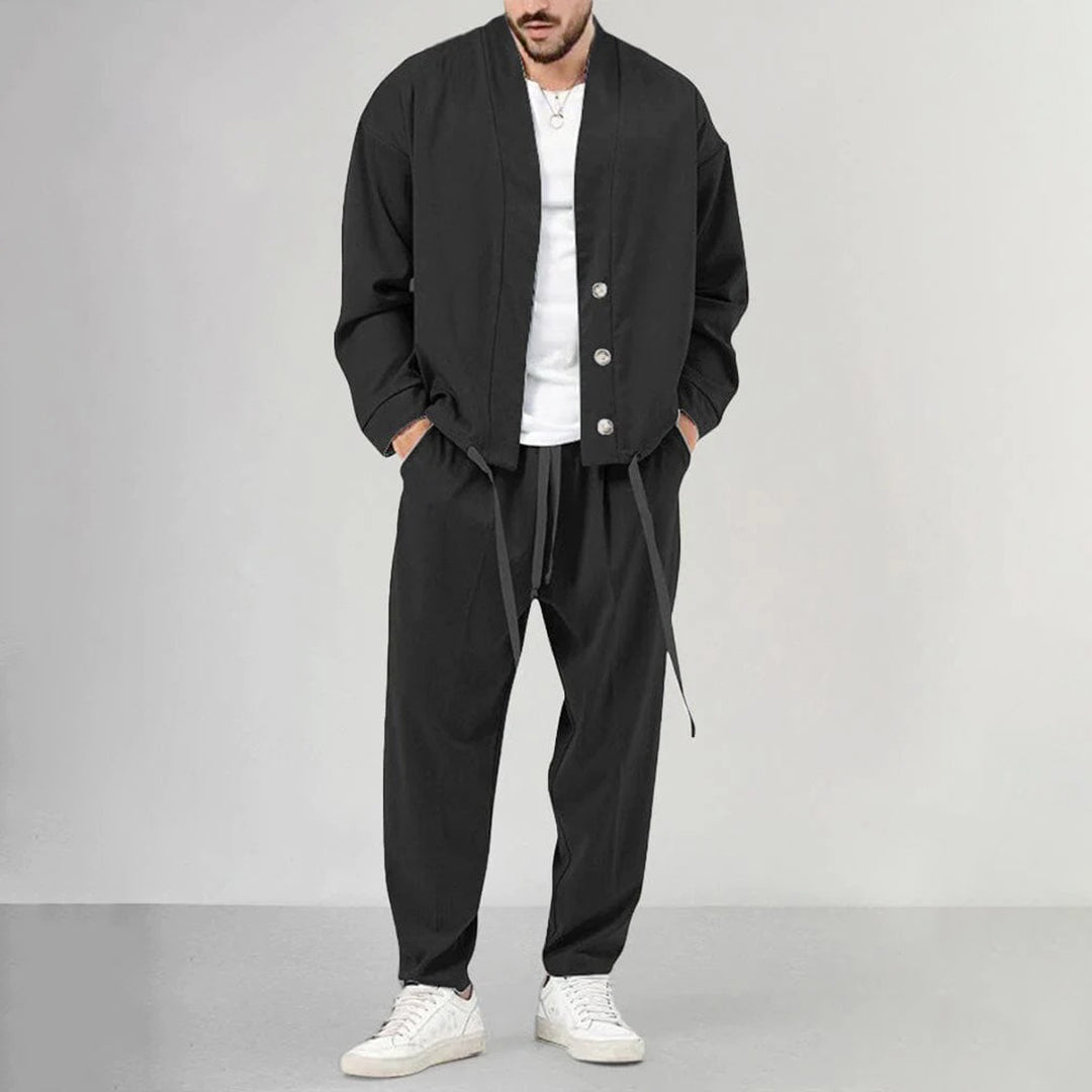 Men's Two Piece Set Button Front Overshirt Drawstring Joggers