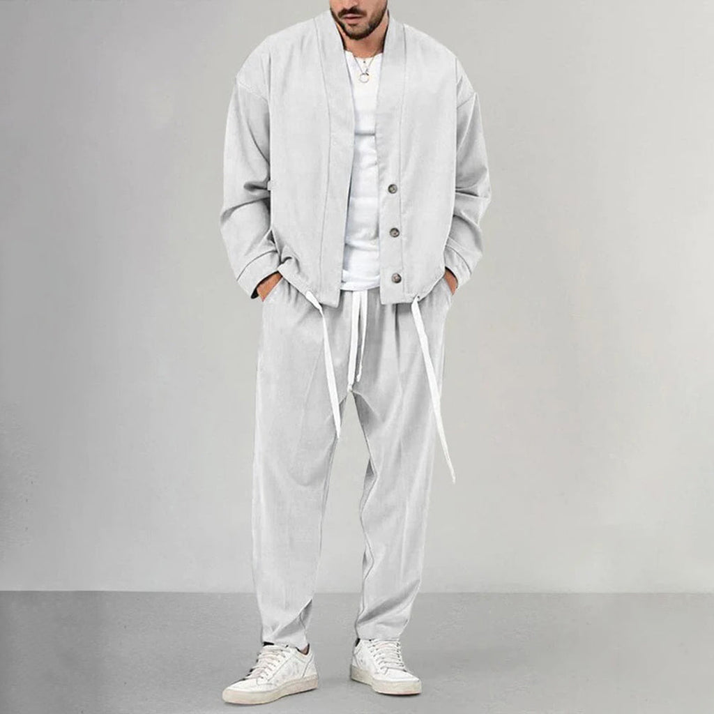 Men's Two Piece Set Button Front Overshirt Drawstring Joggers