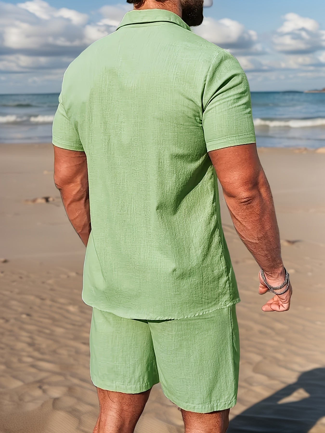 Men's Linen Short Sleeve Button Up Shirt - Drawstring Shorts Set