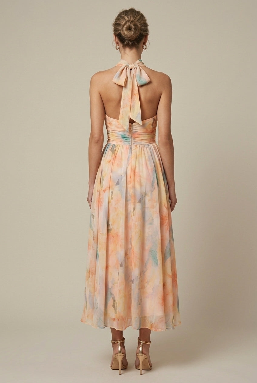 Women's Floral Halter Maxi Dress - Tie Back