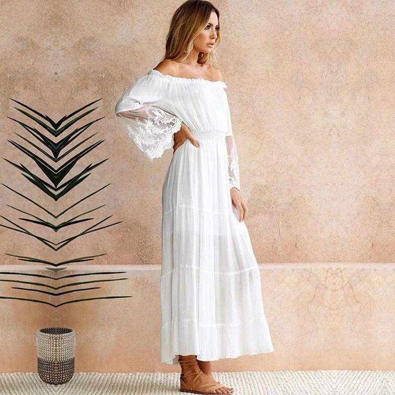 Boho Off - Shoulder Lace Maxi Dress – Flowing Beach - to - Evening Silhouette