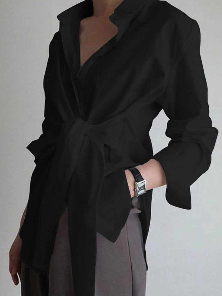 Women's Long Sleeve Collared Shirt Dress with Tie Belt