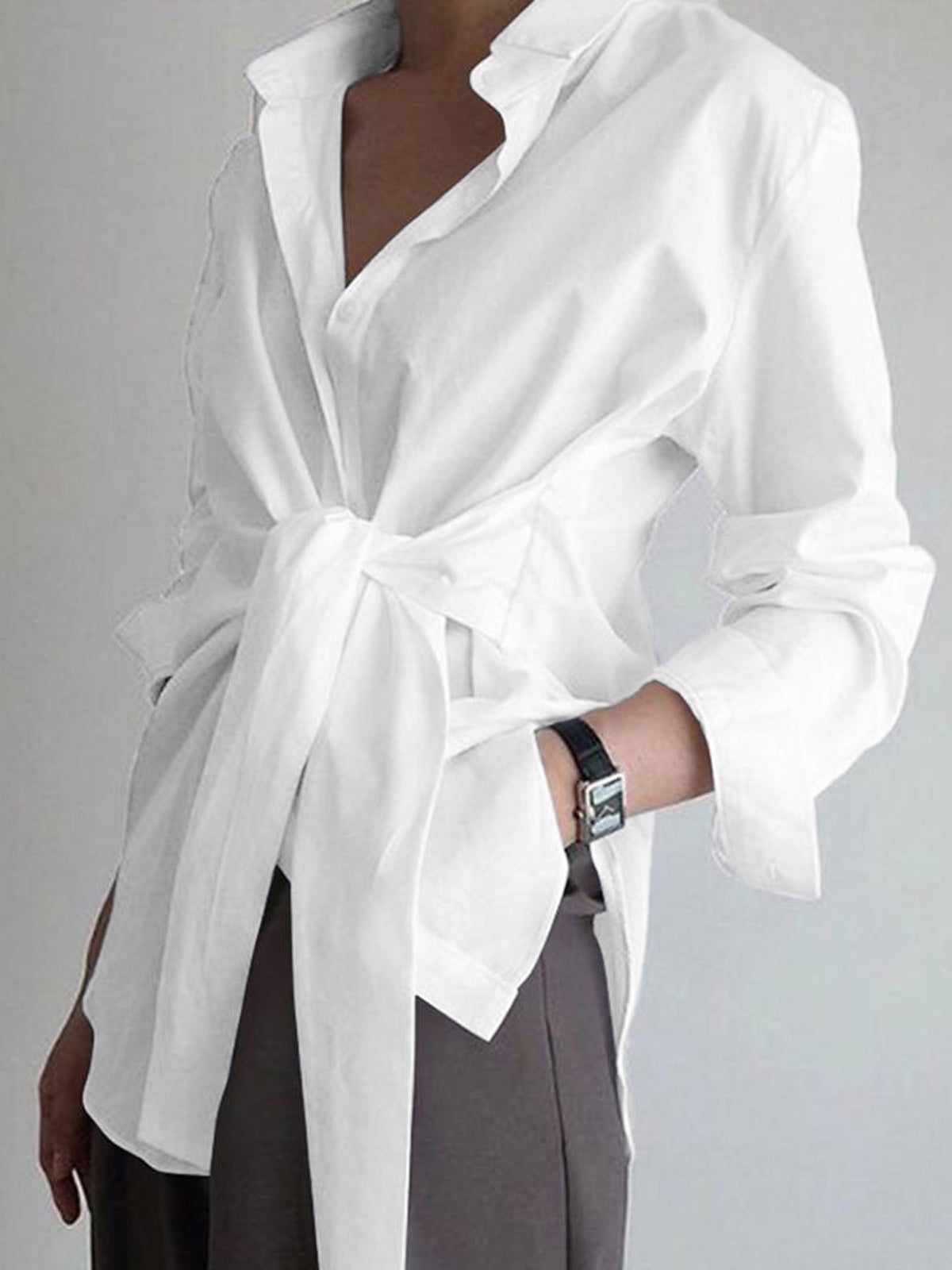Women's Long Sleeve Collared Shirt Dress with Tie Belt
