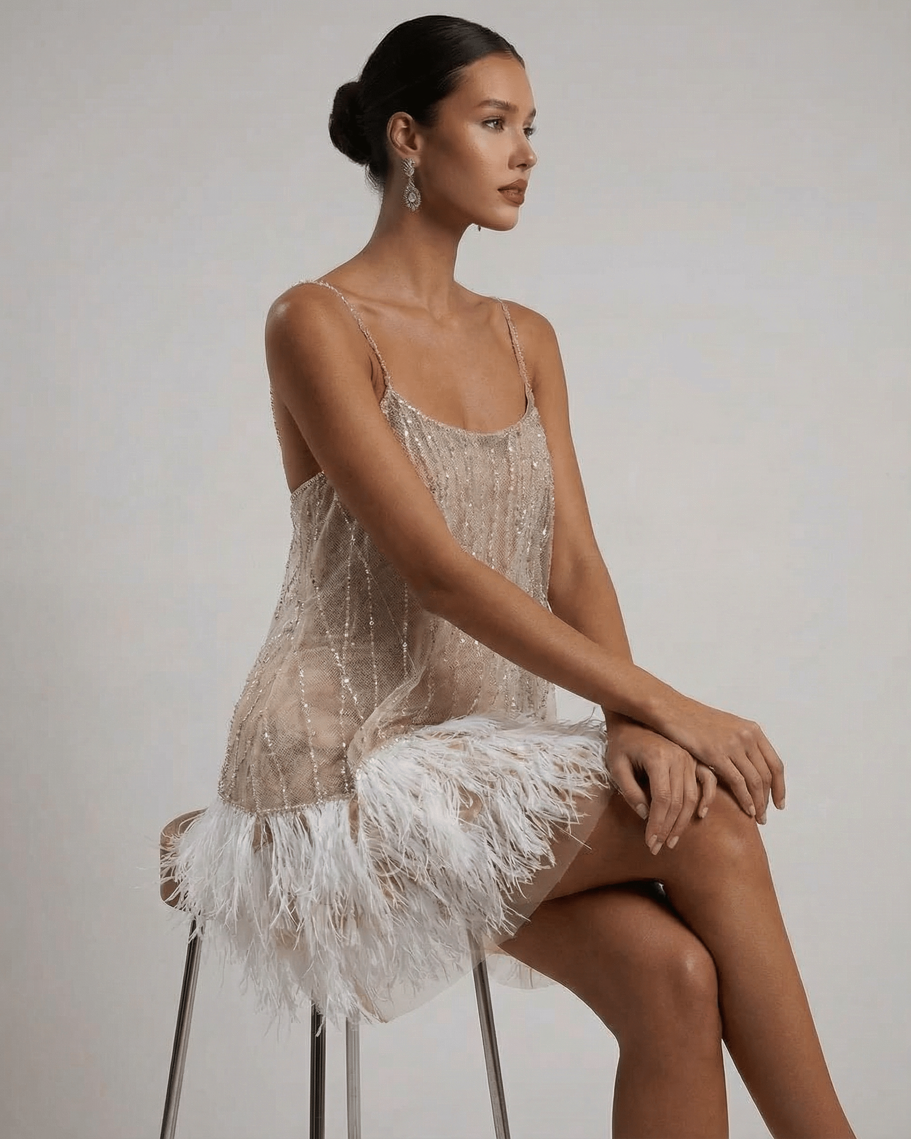 Women's Sequin Spaghetti Strap Mini Dress with Feather Trim