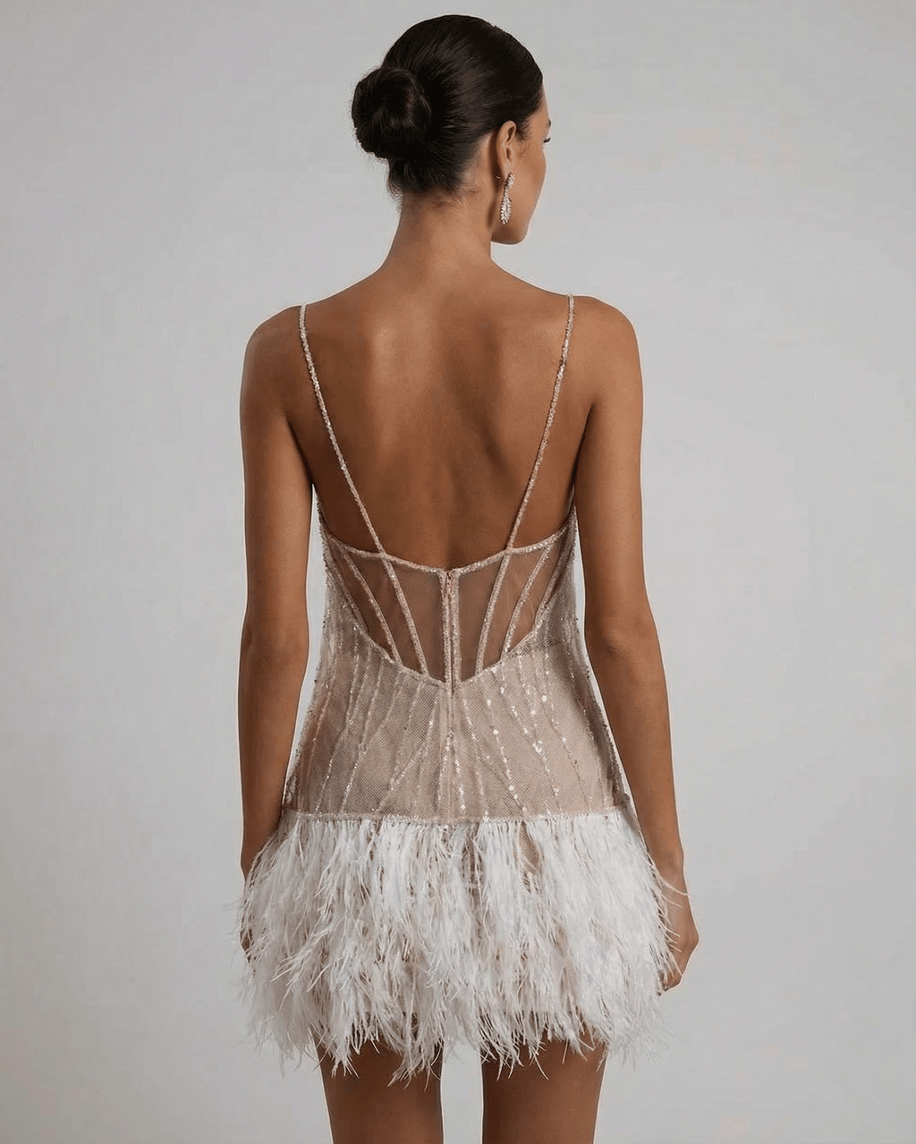 Women's Sequin Spaghetti Strap Mini Dress with Feather Trim