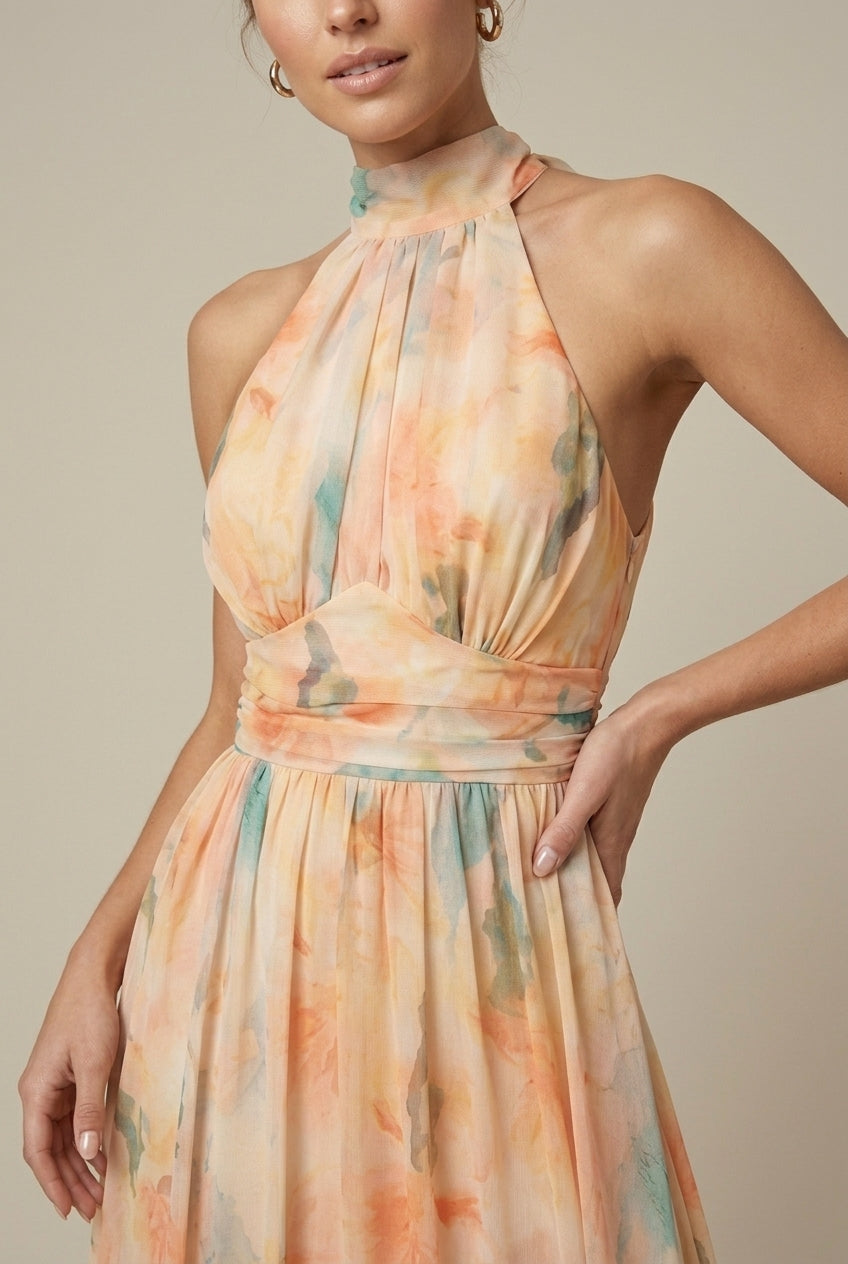 Women's Floral Halter Maxi Dress - Tie Back