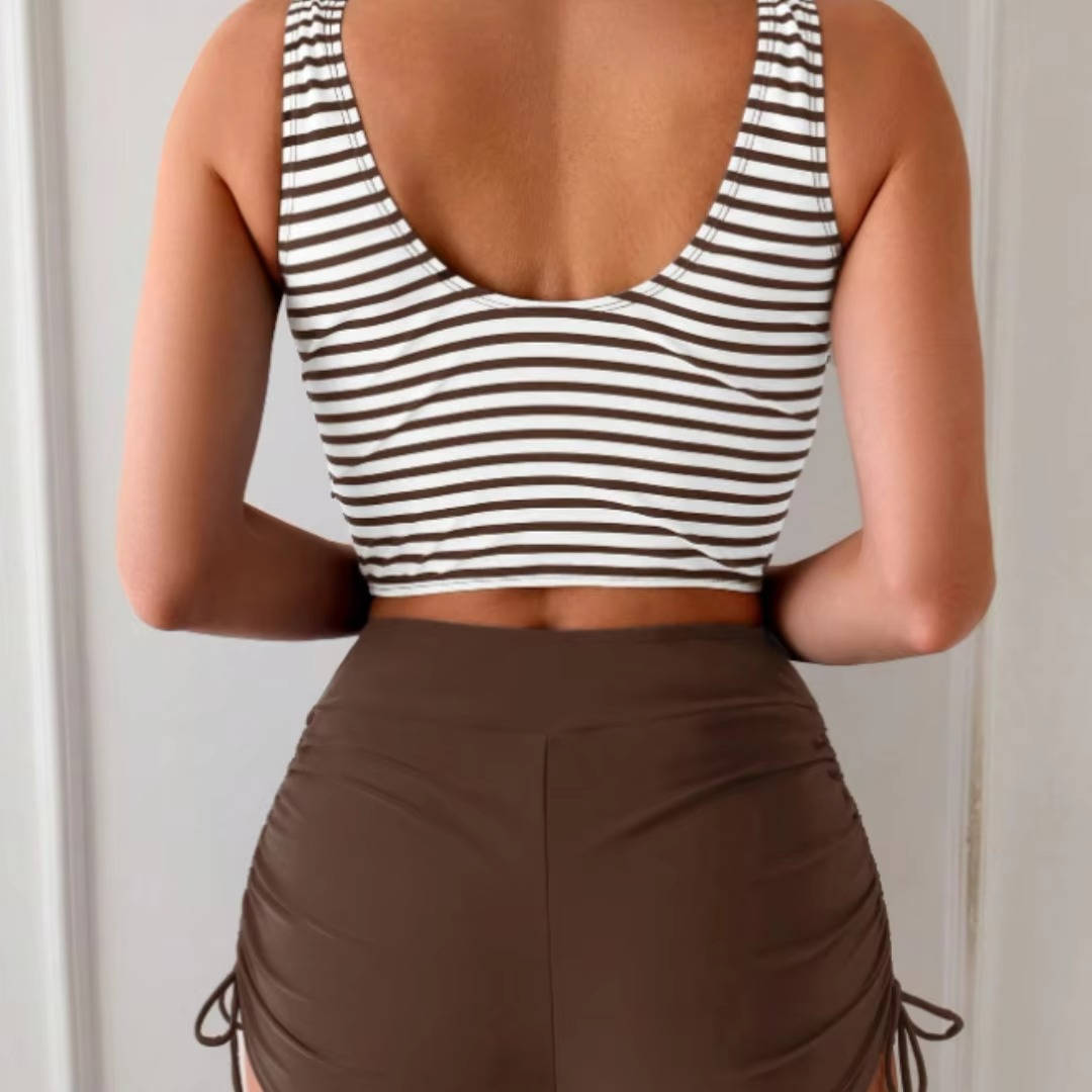 Women's Striped Twist Front High Waisted Tankini Set