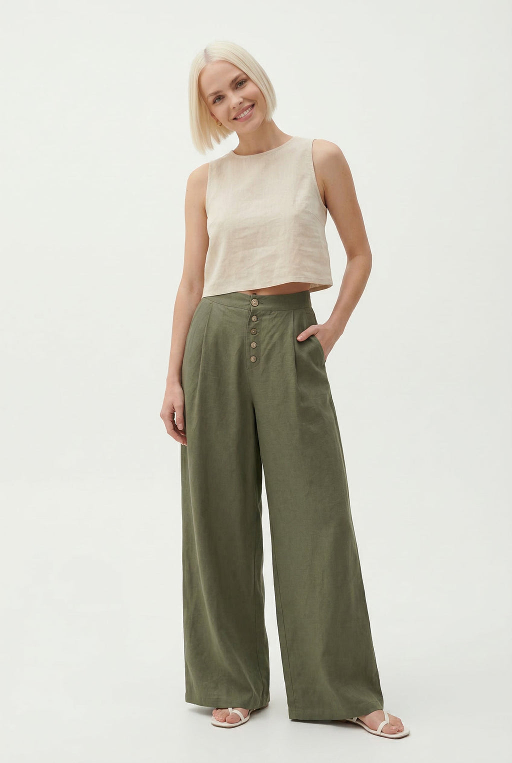 Women's Linen Wide Leg Pants Button Front High Waist Pockets