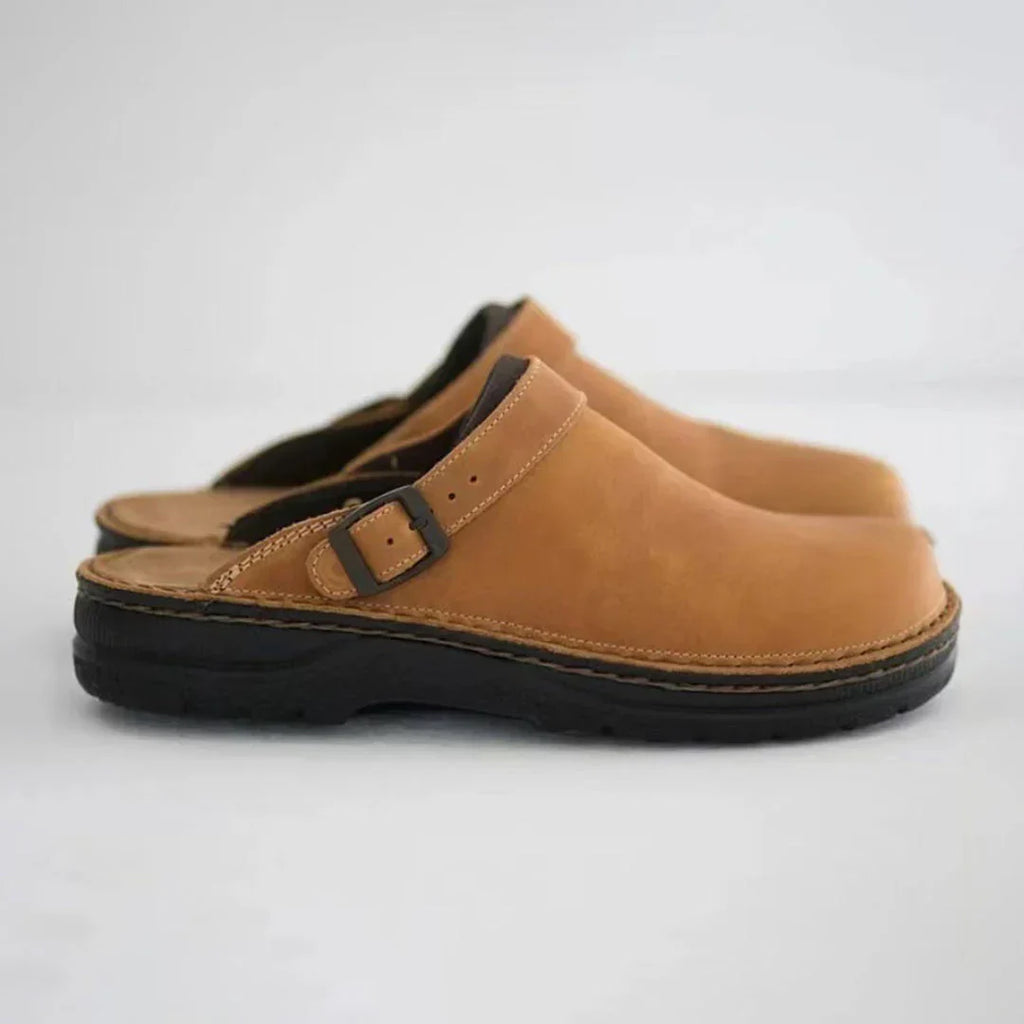 Men's Leather Slip-On Clogs with Buckle Strap