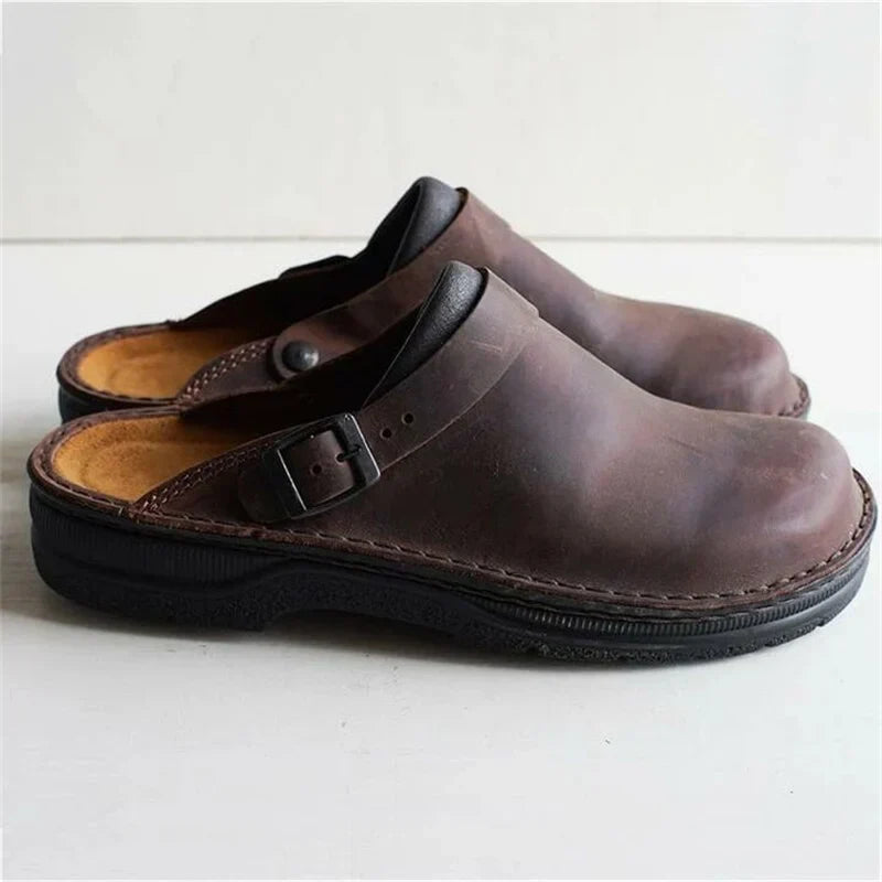 Men's Leather Slip-On Clogs with Buckle Strap