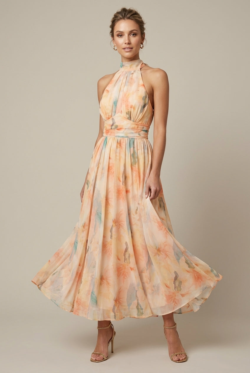 Women's Floral Halter Maxi Dress - Tie Back