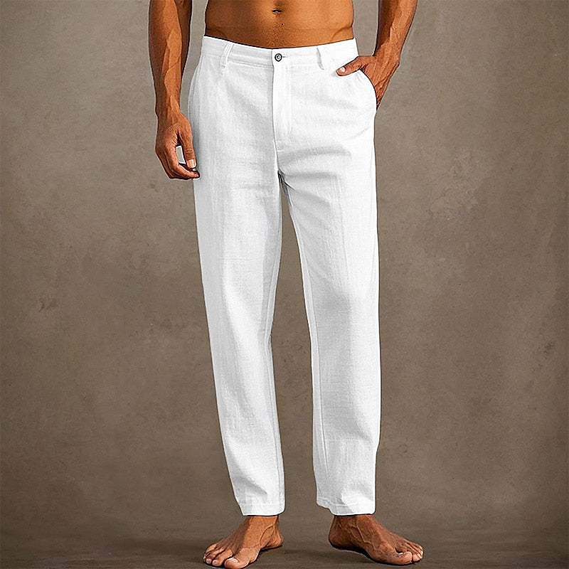 Men's Linen Straight Leg Casual Pants - Button Closure