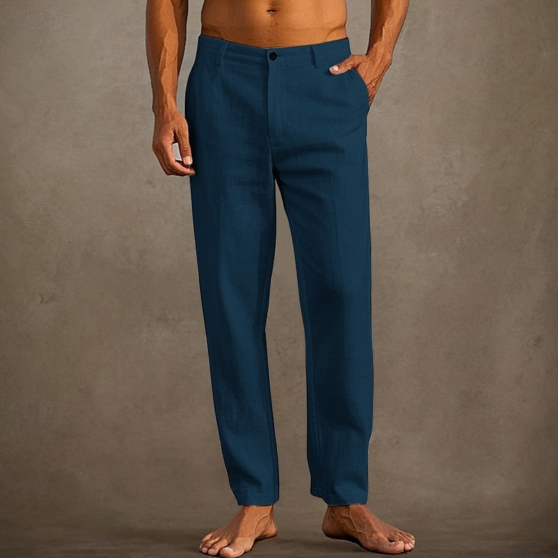 Men's Linen Straight Leg Casual Pants - Button Closure