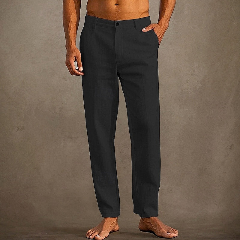 Men's Linen Straight Leg Casual Pants - Button Closure