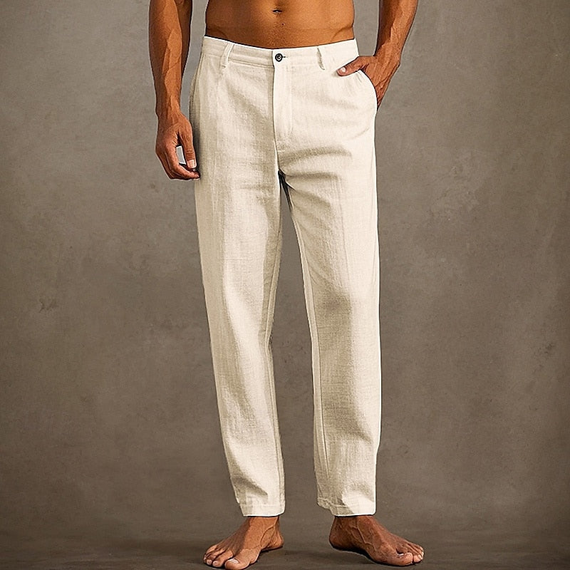 Men's Linen Straight Leg Casual Pants - Button Closure