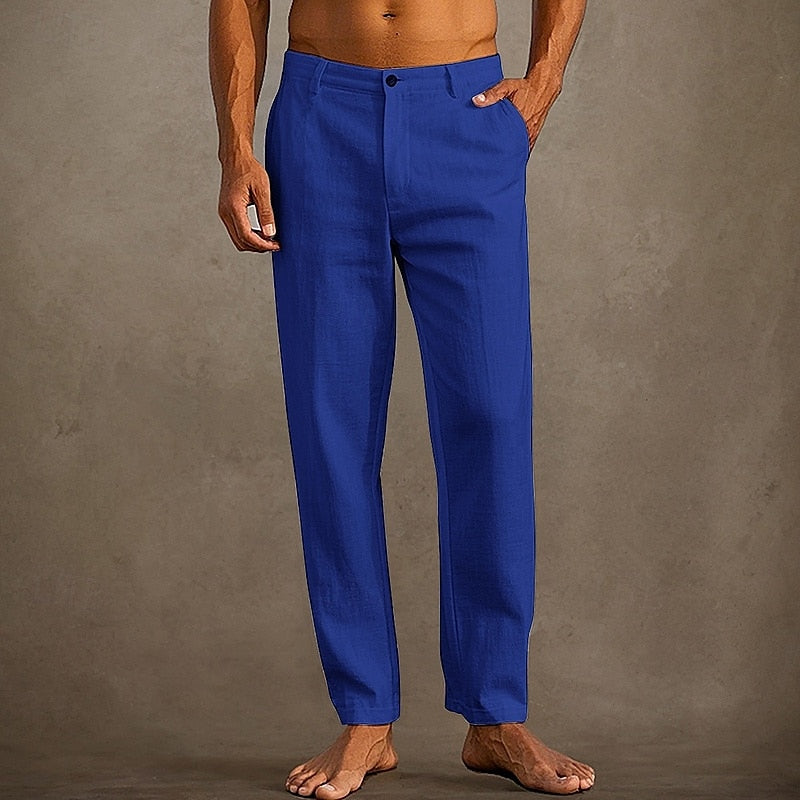 Men's Linen Straight Leg Casual Pants - Button Closure