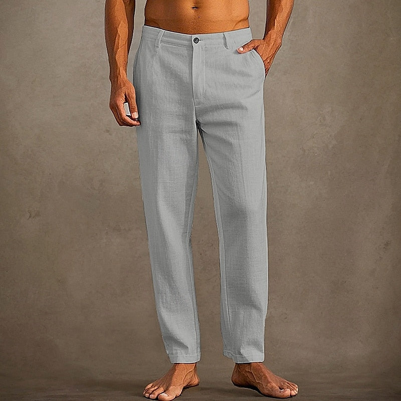 Men's Linen Straight Leg Casual Pants - Button Closure