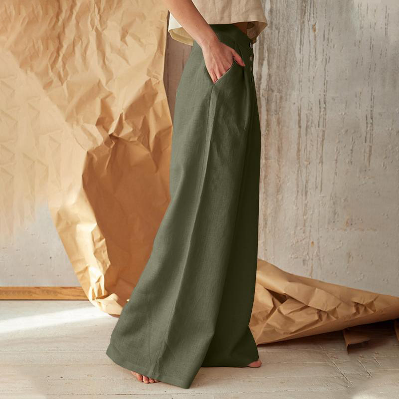 Women's Linen Wide Leg Pants Button Front High Waist Pockets