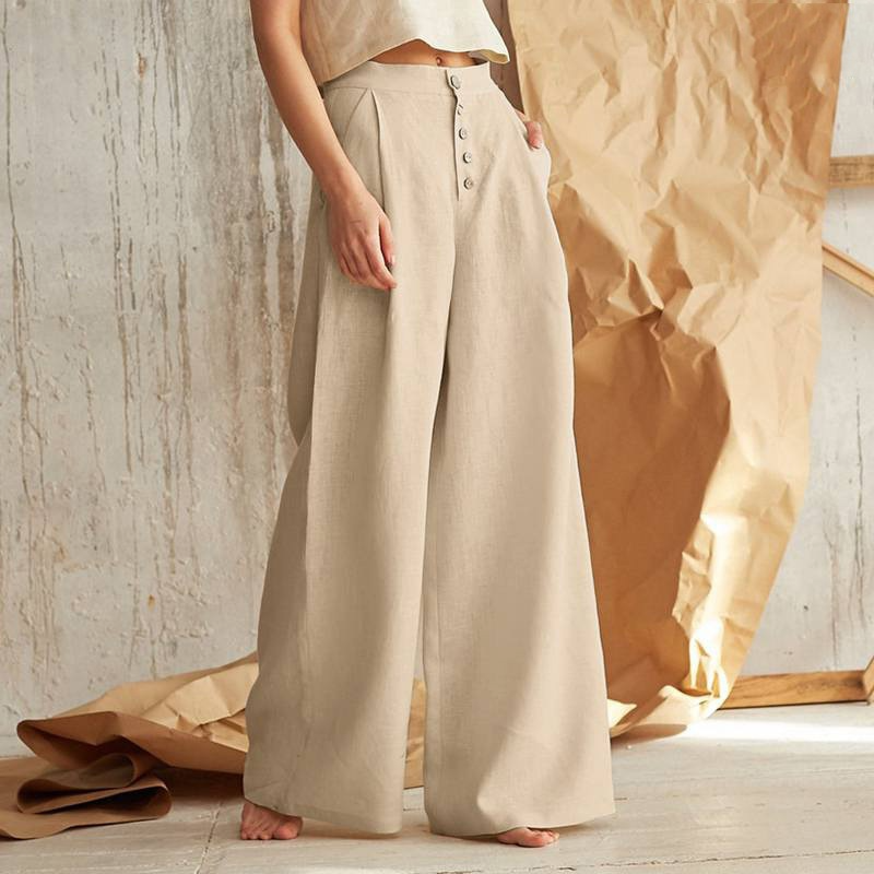 Women's Linen Wide Leg Pants Button Front High Waist Pockets