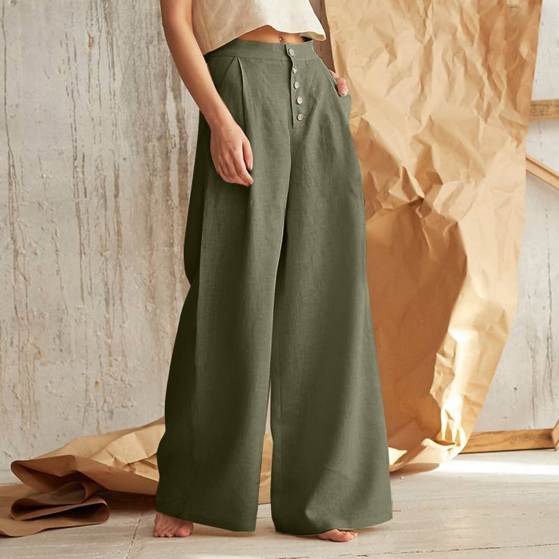 Women's Linen Wide Leg Pants Button Front High Waist Pockets