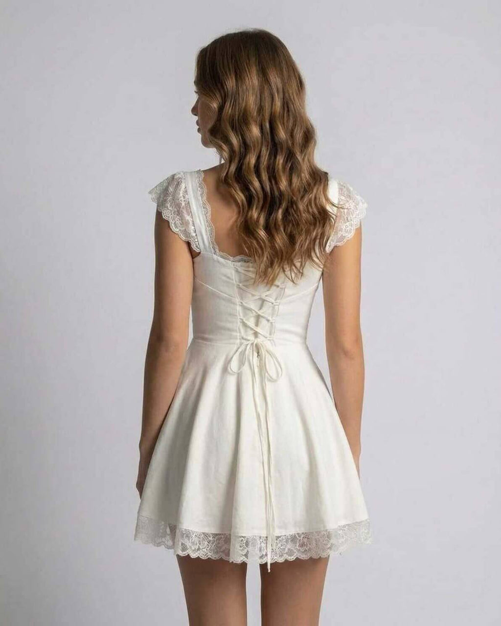 Women's Square Neck Lace Trim Mini Dress with Corset Back