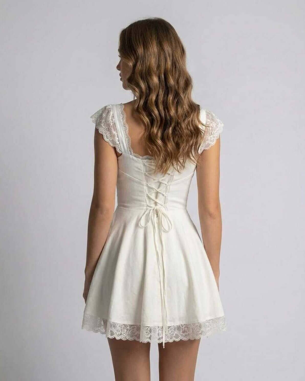 Women's Square Neck Lace Trim Mini Dress with Corset Back