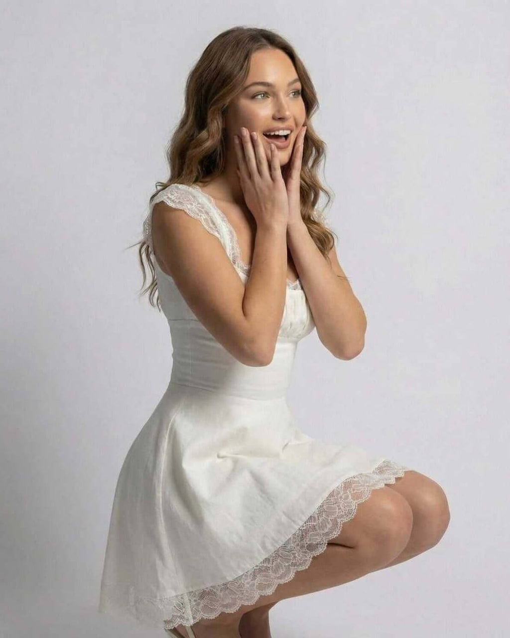 Women's Square Neck Lace Trim Mini Dress with Corset Back