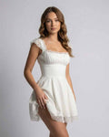 Women's Square Neck Lace Trim Mini Dress with Corset Back