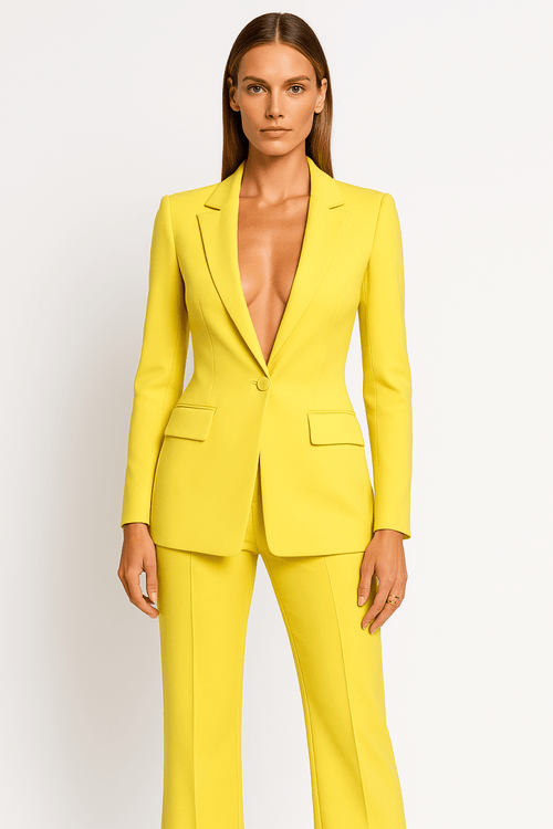Ladies Plunging Pants Suit Set – Tailored Single - Button Blazer with Straight - Leg Pants